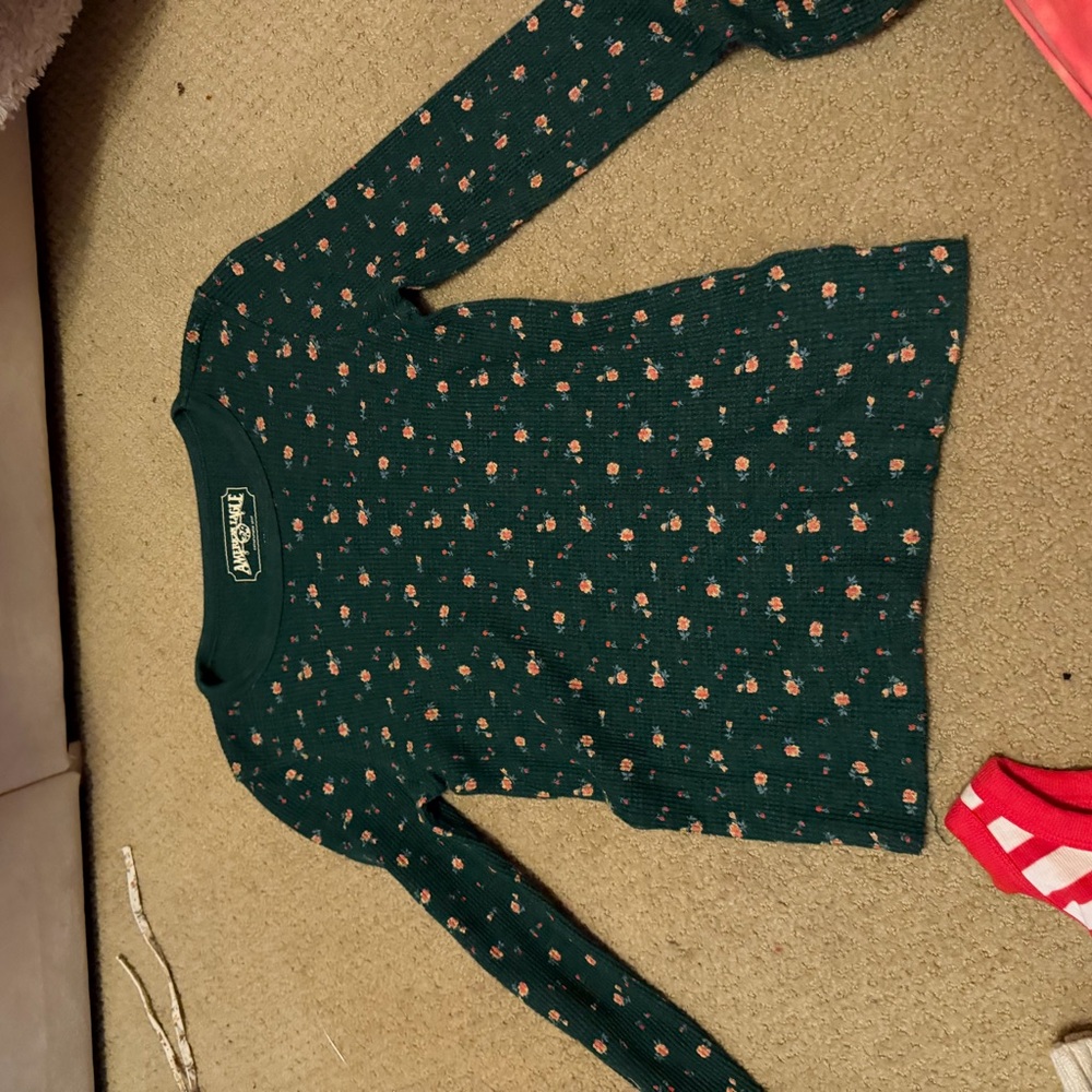American Eagle Outfitters Dark Green Floral Waffle Knit Top